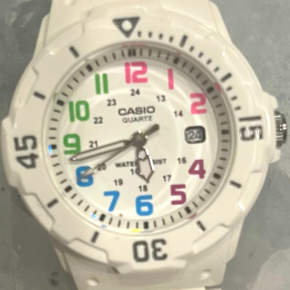 Casio white band, multicolor face